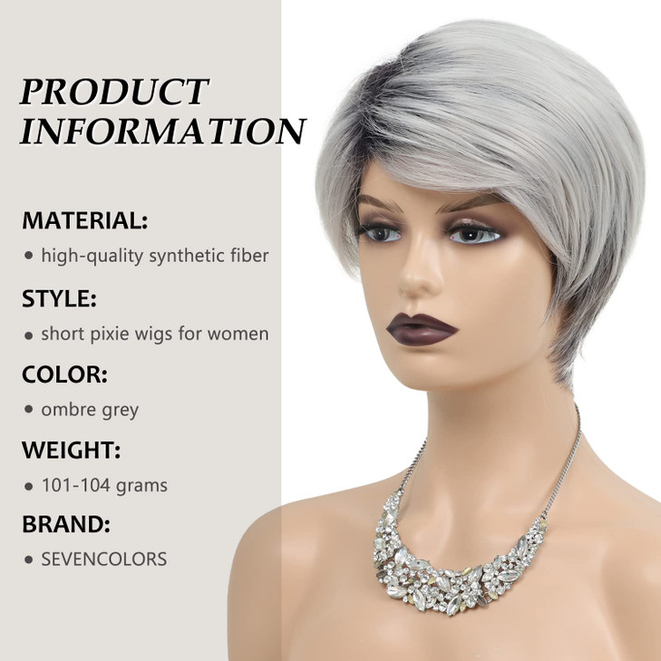 SEVENCOLORS Short Grey Wigs Ombre Gray Pixie Cut Wig with Dark Root Synthetic Natural Hair Short Silver Wigs for Black W