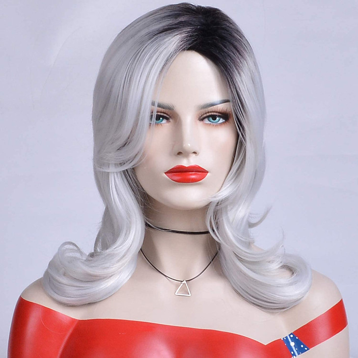 SEVENCOLORS Long Grey Wavy Wigs for Women Ombre Silver White Wigs with Black Roots 18 Synthetic Hair Side Part Gray Wig