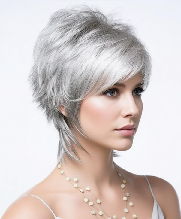 SEVENCOLORS Short Grey Wigs for Women Natural Layered Pixie Cut Wig with Bangs Synthetic Hair Short Silver Gray Wigs for