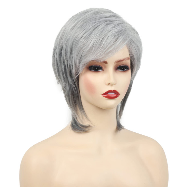 SEVENCOLORS Short Grey Wigs for Women Natural Layered Pixie Cut Wig with Bangs Synthetic Hair Short Silver Gray Wigs for