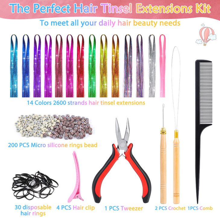 14 Colors Hair Tinsel Kit with Tool 47 inch 2800 Strands Tinsel Hair Extensions for Women Girls Fairy Hair Tinsel Glitte