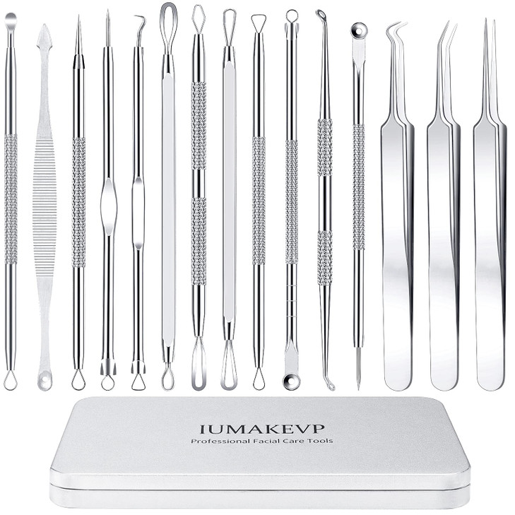 Pimple Popper Tool Kit, IUMAKEVP 15 PCS Professional Stainless Steel Blackhead Remover Comedone Extractor Tools for Removing Zit on Face - Acne Remov online at globaldelivered