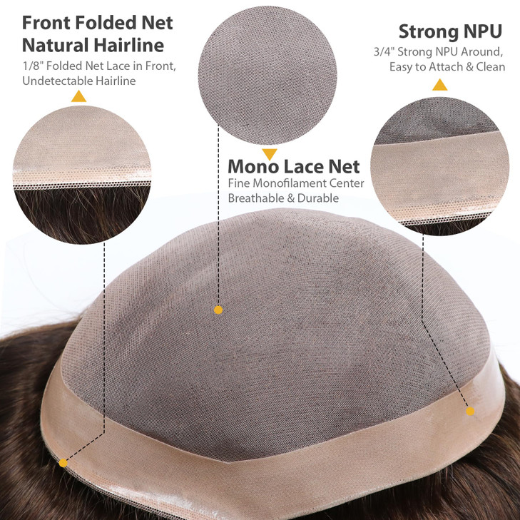 lumeng Mens Piece Replacement Unit Real Mono Lace Brown Color 4 Toupee Human Hair 7x9 Inch 6 Inch Length System Human Ha