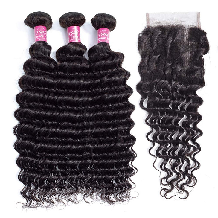 10A Deep Wave Human Hair Bundles with Closure18 20 2216 Closure Brazilian Deep Weave Curly Human Hair 3 Bundles with 4x4