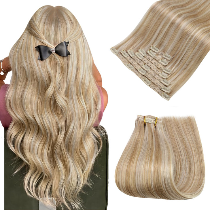 Easyouth Clip in Hair Extensions Real Human Hair Highlights Clip on Hair Extension Human Hair Honey Blonde Highlight Ble