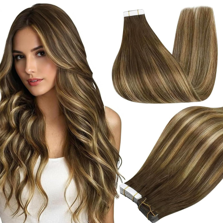 Full Shine Invisible Tape in Extensions Human Hair Color 4244 Medium Brown to Honey Blonde Hair Extensions Tape in 22Inc