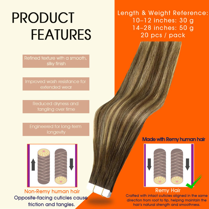 Full Shine Invisible Tape in Extensions Human Hair Color 4244 Medium Brown to Honey Blonde Hair Extensions Tape in 22Inc