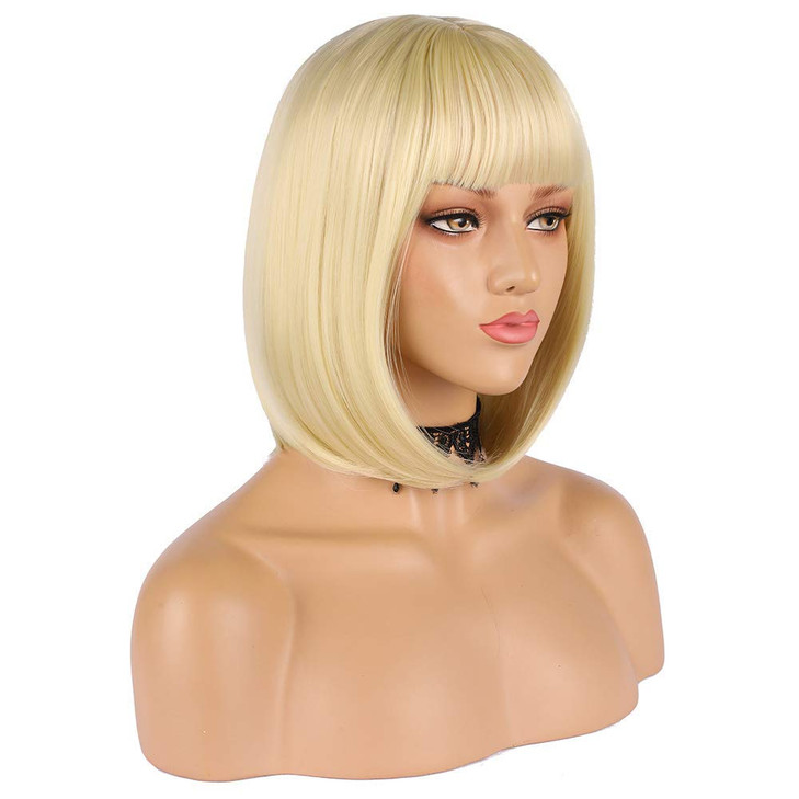 eNilecor Short Light Blonde Bob Wigs 12 Straight with Bangs Synthetic Colorful Cosplay Daily Party Wig for Women Natural