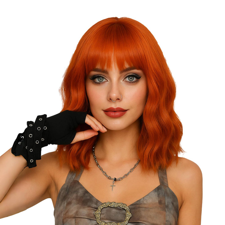 LABEAUT Ginger Orange Short Wavy Bob Wig with Air Bangs for Women Heat Resistance Shoulder Length Curled Wigs for Daily