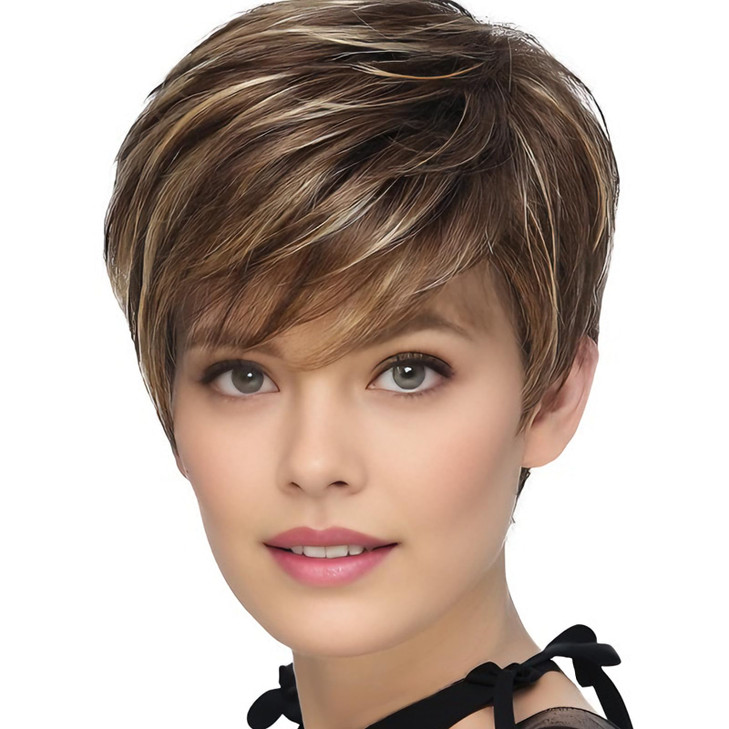 TISHINING Pixie Cut Brown Short Hair Wigs for White Women with Bangs Brown Mixed Blonde Highlights Layered Natural Looki