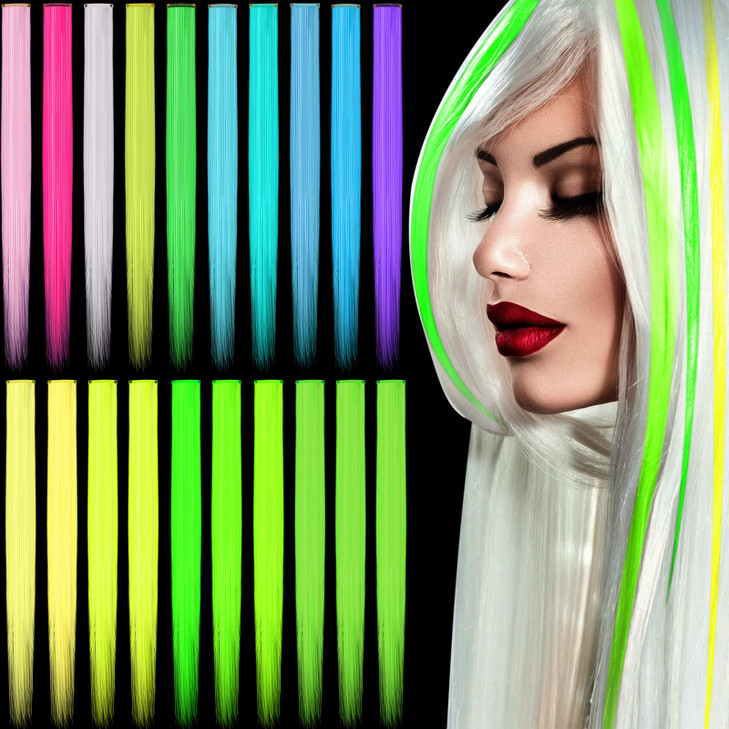 Juinte 20 Pcs Glow in The Dark Colored Hair Extensions 20 Inch Straight Color Clip Rainbow Halloween Party Hairpiece for