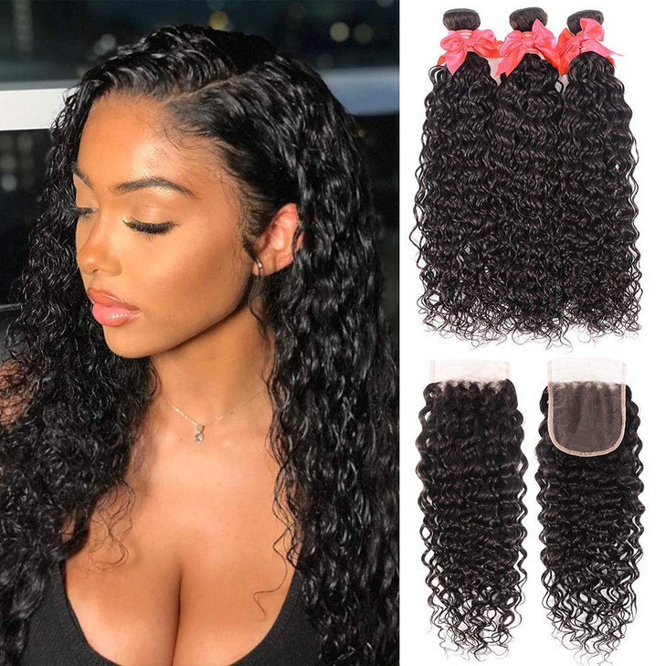 Water Wave Bundles With Closure 8A Ocean Wave Wet and Wavy Human Hair Weave 4 Bundles With Closure 18 20 22 2416