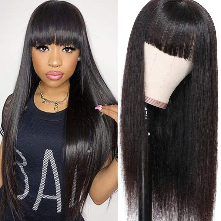 Lzlefho Straight Wigs Human Hair with Bangs 180 Density Brazilian Virgin Human Hair Wigs for Women Glueless Wigs Human H