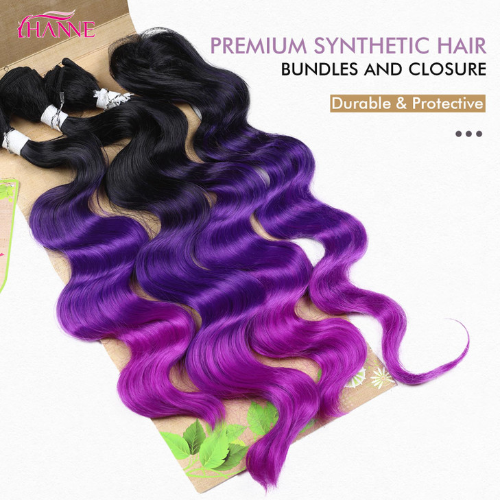 HANNE Ombre Purple Hair Bundles with Closure Body Wave Mermaid Hair Extensions for Women 18 20 22 Inch Closure Heat Resi