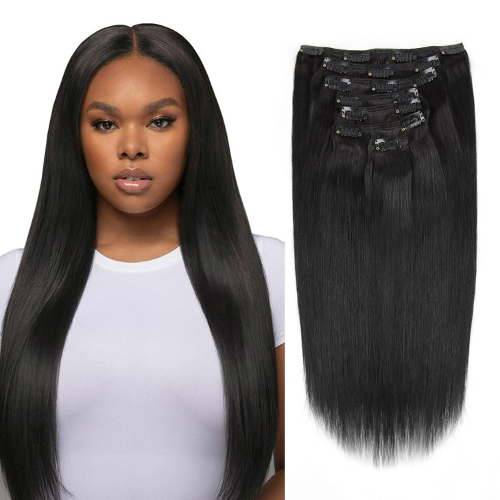 Sassina Silky Straight Clip In Human Hair Extensions for African American Black Women Double Wefts Remy Human Hair Exten