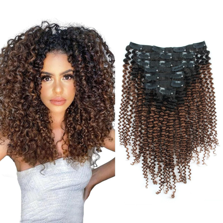 Sassina Ombre Kinky Curly Clip in Human Hair Extensions for African American Black Women Double Wefts 3C 4A Afro Kinky C