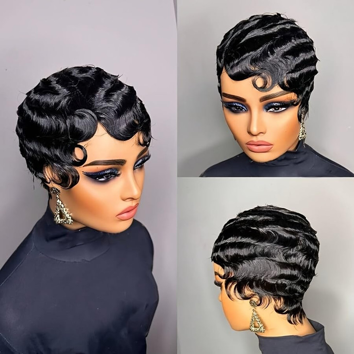 OYM HAIR Short Pixie Cut Wigs For Black Women Wig Brazilian Human Hair Wigs Finger Ocean Wave Wig Remy Human Hair black