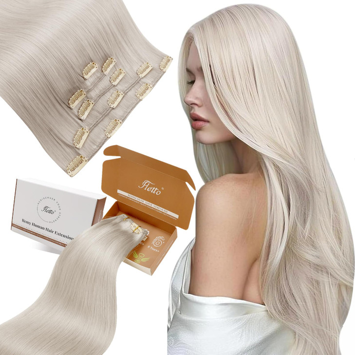 Hetto Blonde Hair Extensions Clip in Hair Extension Clip on Hair Pieces 5pcs 80g 12Inch 60 Platinum Blonde Clips in Hair
