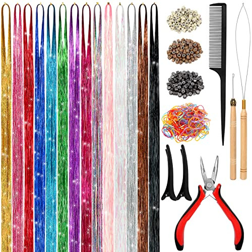 Hair Tinsel Kit 48 Inch14 Colors 3500 strands Tinsel Hair Extensions with Tools Heat Resistant Fairy Hair Tinsel Kit for