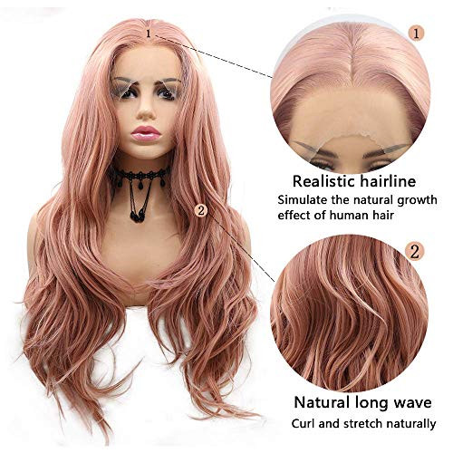 Rose Gold Lace Front Wigs for Women Narural Hairline Synthetic Long Wavy Lace Wigs Middle Part Colorful Glueless Real Ha