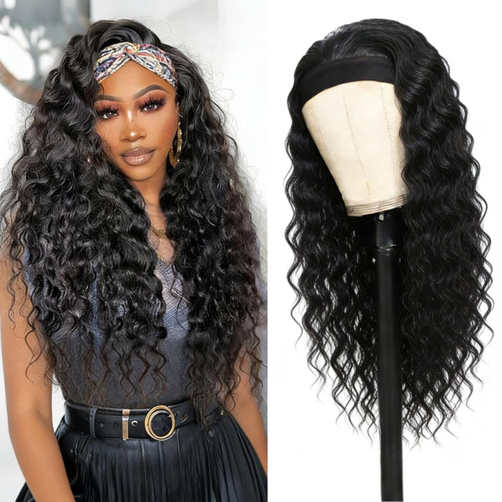 XSY Headband Wig Human Hair 26 Inch Deep Wave Human Hair Headband Wigs for Black Women Glueless Curly Headband Wig 150 D