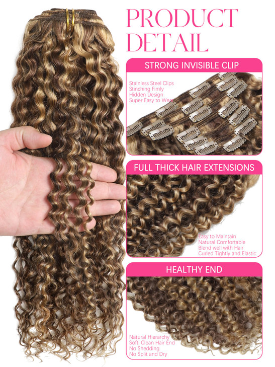 Lacer Curly Clip in Human Hair Extensions Jerry Curly 3B 3C Real Hair Clip in Extensions For Black Women Dark Brown mixe