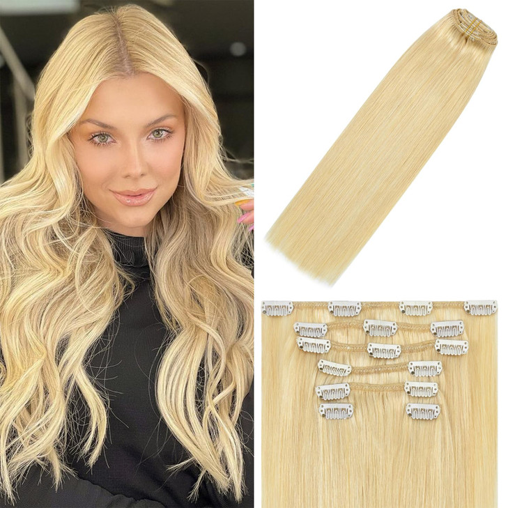 WindTouch Clip In Hair Extensions Real Human Hair Bleached Blonde Hair Extensions Natural 18Inch 75g 613 7PCS