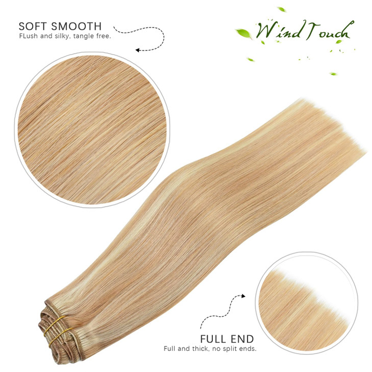 WindTouch Clip in Hair Extensions Remy Hair Reddish Brown to Blonde 20Inch 75g Soft Human Extensions Clip Ins 9A Grade 1