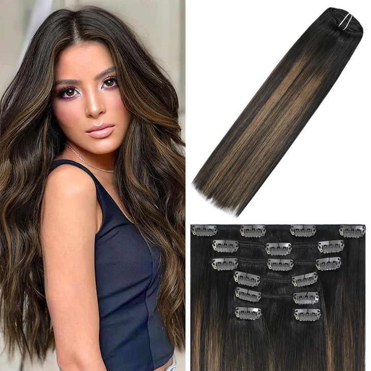 WindTouch Clip In Hair Extensions Human Hair Balayage Dark Brown to Chestnut Brown Highlights for Brown Hair 18Inch 75g