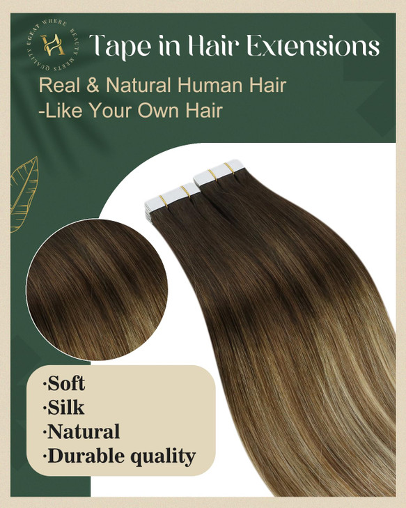 Ugeat Blonde Balayage Tape in Hair Extensions Ombre Invisible Tape in Weft Hair Extensions Dark Brown Mix Medium Brown w