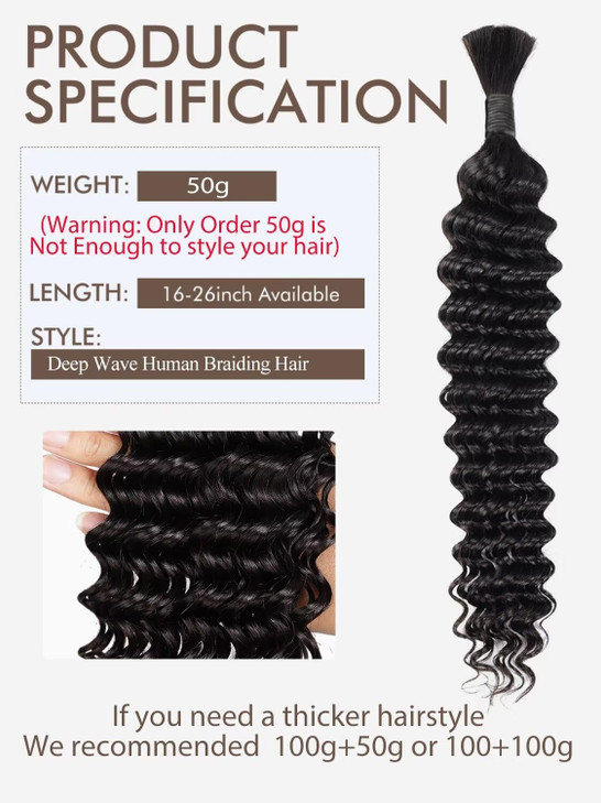 Human Braiding Hair Boho Braids Human Hair 1 Bundle 50g 18 Inch Deep Water Wave Bulk Human Hair for Braiding No Weft 12A