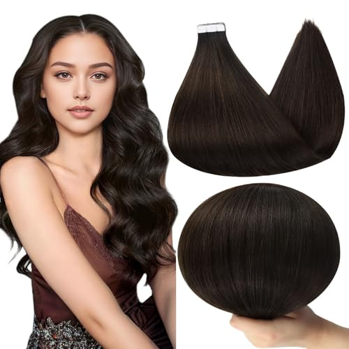Full Shine Brown Tape in Hair Extensions Human Hair 12 Inch Short Soft Hair Extensions Tape in Color 2 Darkest Brown Dou