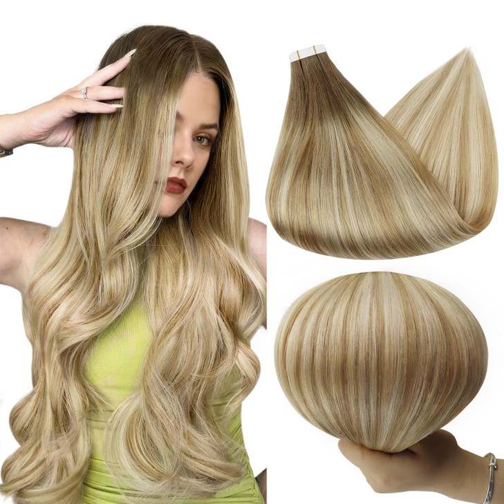 Full Shine Tape in Hair Extensions Color 6 Brown Ombre 27 and 60 Platinum Blonde Tape in Hair Extensions Human Hair Invi