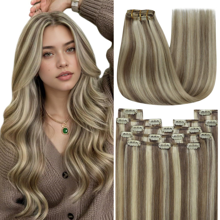 YoungSee 120G Clip in Human Hair Extensions Highlight Clip in Extensions Real Human Hair Light Brown with Highlight Blon