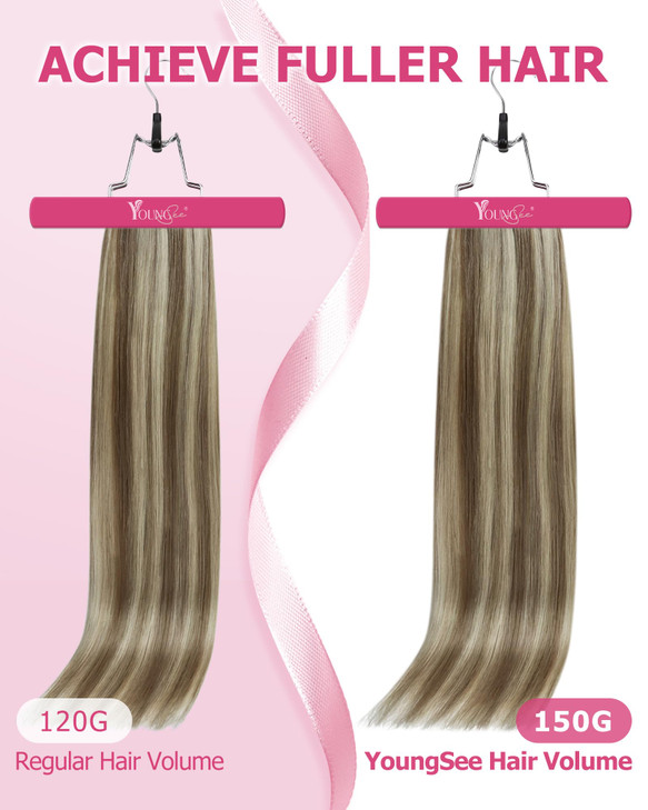 YoungSee 120G Clip in Human Hair Extensions Highlight Clip in Extensions Real Human Hair Light Brown with Highlight Blon