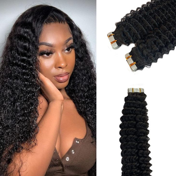 Kinky Curly Tape in Hair Extensions Human Hair 1B Natural Black Tape in Extension Seamless Curly Tape ins Real Human Hai