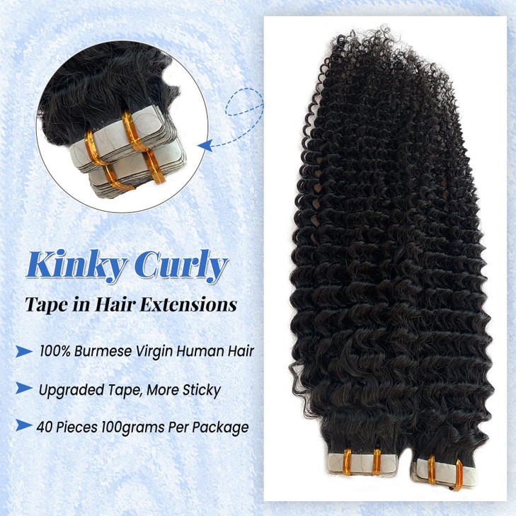 Kinky Curly Tape in Hair Extensions Human Hair 1B Natural Black Tape in Extension Seamless Curly Tape ins Real Human Hai