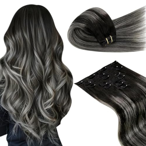LaaVoo Clip in Hair Extensions Black Balayage Grey Silver Clip in Hair Extensions Real Human Hair Ombre Human Hair Clip