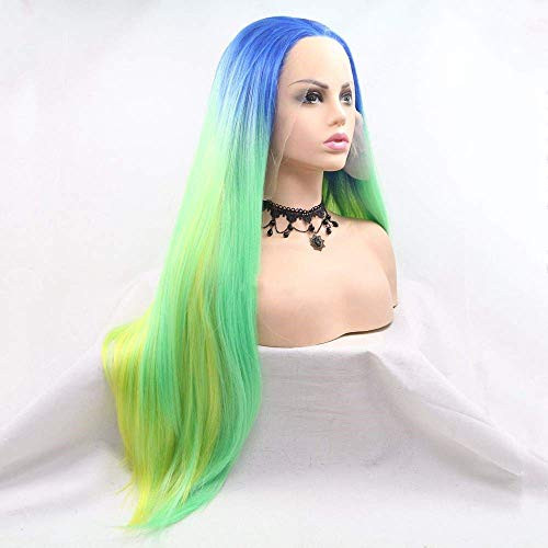 xiweiya Green Yellow Ombre Synthetic Lace Front Wig with Blue Roots Mixed Multicolor Lace Front Wig with Yellow Tips Nat