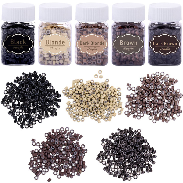 Duufin 2500 Pieces Hair Extensions Beads 50mm Micro Links Rings Silicone Lined Beads for Women Men Hair Feather Extensio