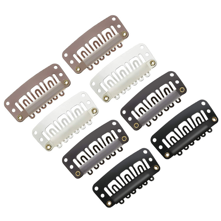 WILLBOND 100 Pcs 32mm Hair Extension Clips 6 Teeth Wig Accessories With Soft Rubber Metal Snap for Women Men 4 Colors Mu
