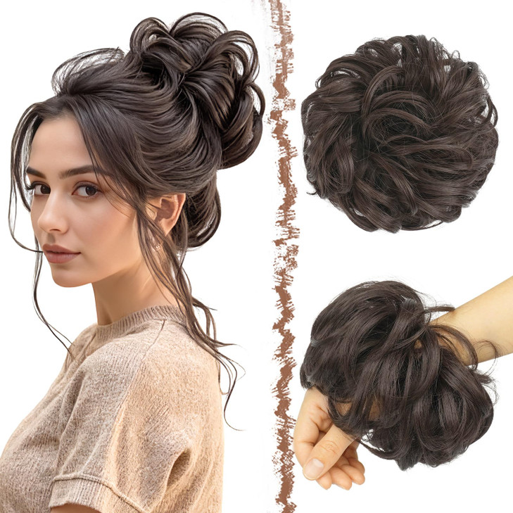FESHFEN Large Messy Bun Hair Piece Wavy Synthetic Chignon Scrunchies Elastic Ponytail Hair Extensions Thick Hairpieces f