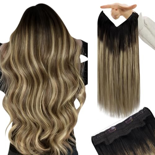 YoungSee Invisible Wire Hair Extensions Balayage Wire Human Hair Extension Dark Brown Ombre Medium Brown with Blonde Eas