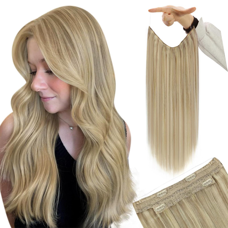 YoungSee Invisible Wire Hair Extensions 85G Blonde Highlight Wire Hair Extensions Real Human Hair Golden Blonde Highligh