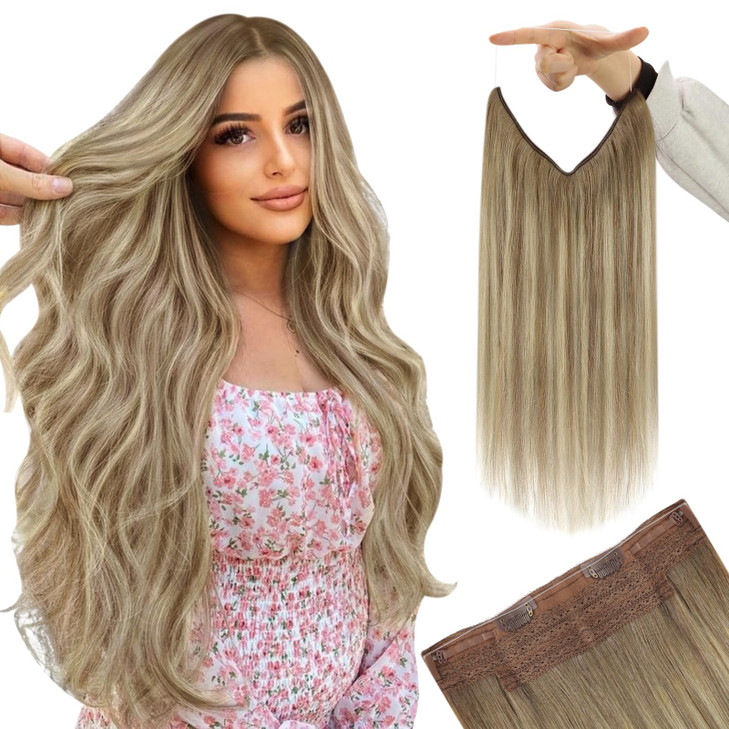 YoungSee 105G Wire Hair Extensions Light Brown Mix Platinum Blonde Human Hair Wire Balayage Fish Line Hair Extensions Re