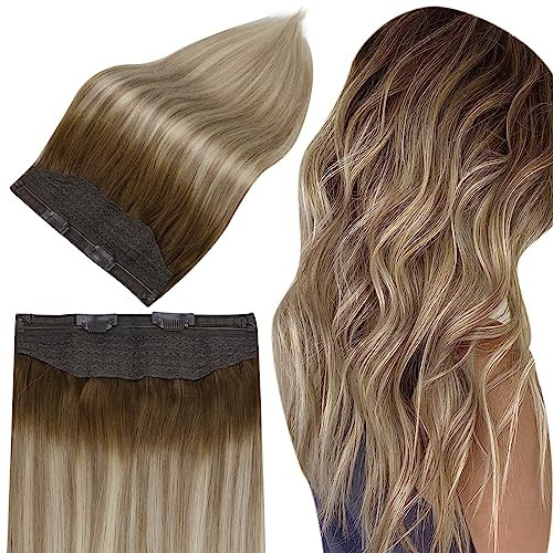 Full Shine Invisible Wire Hair Extensions Real Human Hair Balayage Ombre Wire Hair Extensions 3822 Dark Root Secret Exte
