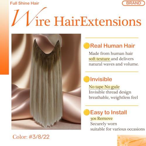 Full Shine Invisible Wire Hair Extensions Real Human Hair Balayage Ombre Wire Hair Extensions 3822 Dark Root Secret Exte