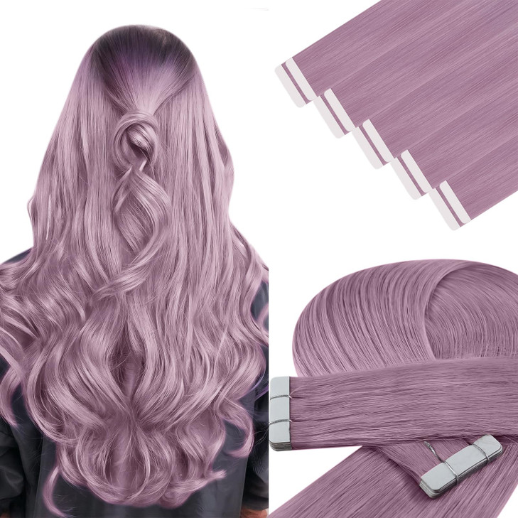 YoungSee Tape in Hair Extensions Human Hair Purple Tape in Extensions Lavender Human Hair Tape in Extensions 14In Light