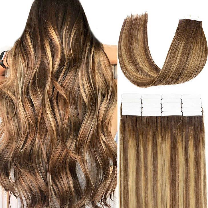 Loxxy Tape in Hair Extensions Human Hair Invisible Brazilian Natural Ombre Chocalate Brown Fading to Strawberry Blonde H