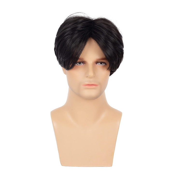 Swiking Men Wigs Short Black Straight Middle Part Synthetic Hair for Male Guy Halloween Cosplay Party Wigs with Cap Blac